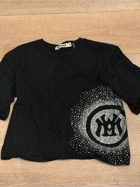 Black Short-Sleeve Tee with Silver Rhinestone Graphic